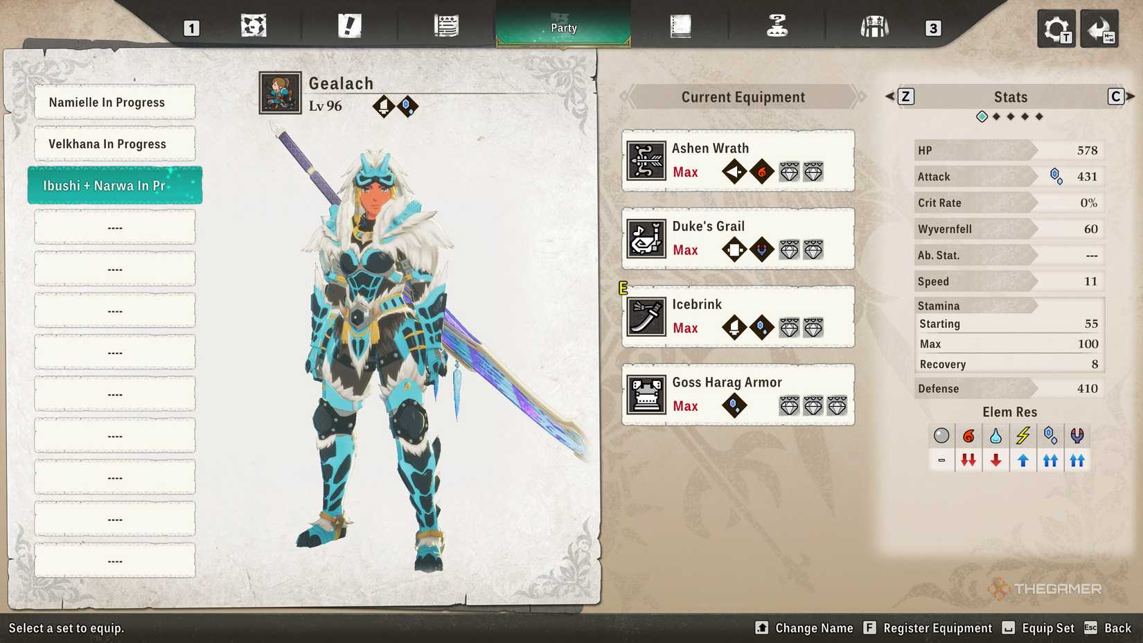 Equipment set used to fight Ibushi and Narwa in Monster Hunter Stories 3.