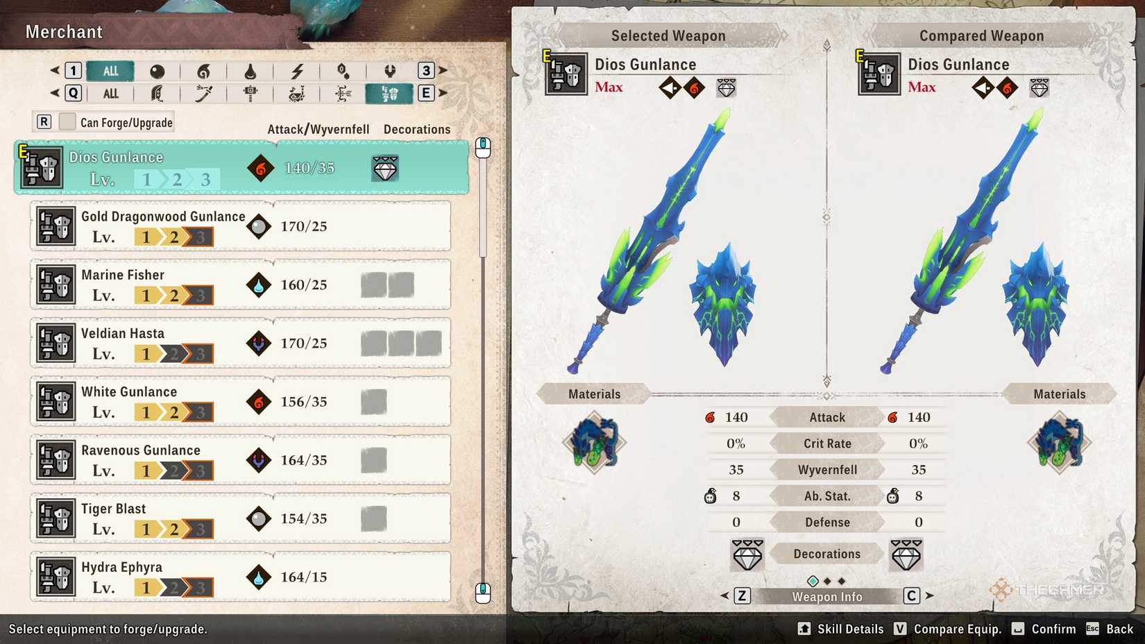 The Dios Gunlance in the crafting menu in Monster Hunter Stories 3.