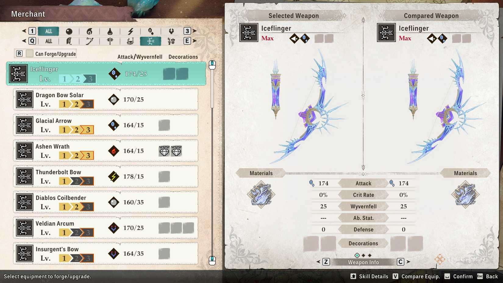 The Iceflinger in the crafting menu in Monster Hunter Stories 3.