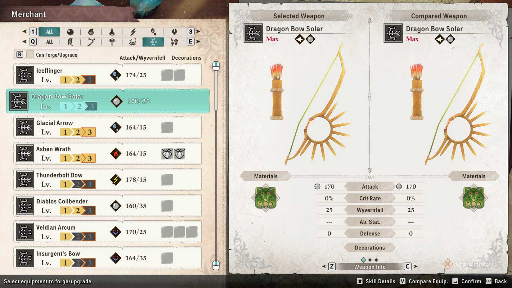 The Dragon Solar Bow in the crafting menu in Monster Hunter Stories 3.