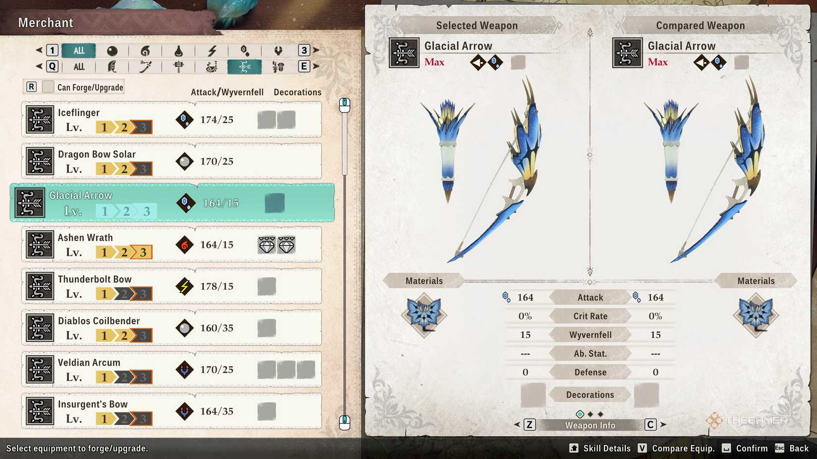 The Glacial Arrow in the crafting menu in Monster Hunter Stories 3.