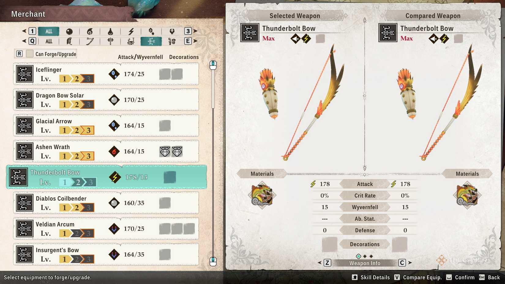 The Thunderbolt Bow in the crafting menu in Monster Hunter Stories 3.