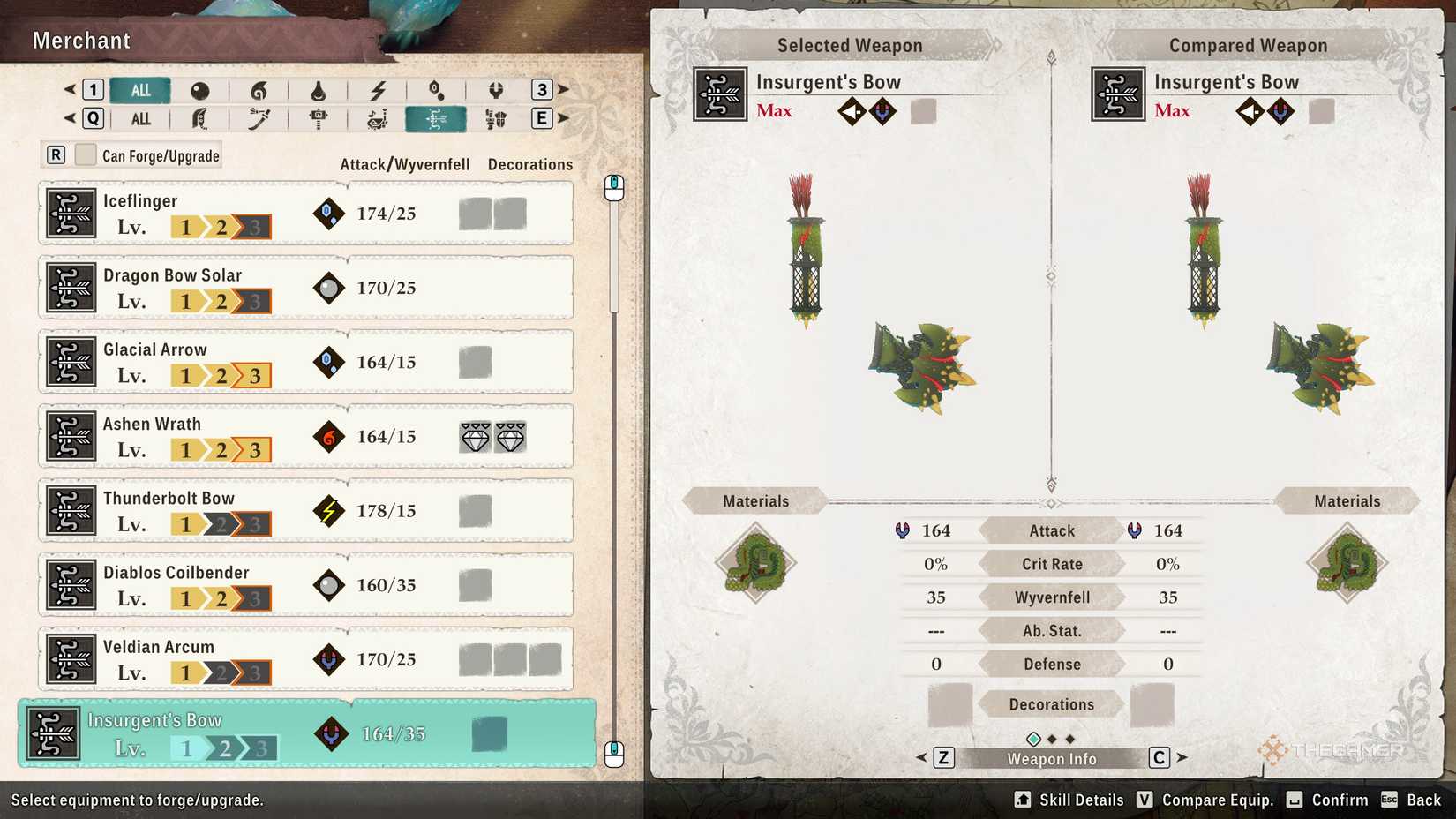 The Insurgent's Bow in the crafting menu in monster hunter stories 3.