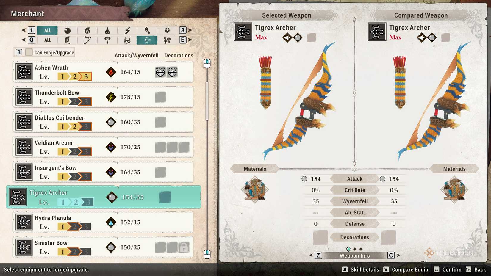 Tiger Archer in the crafting menu in Monster Hunter Stories 3.