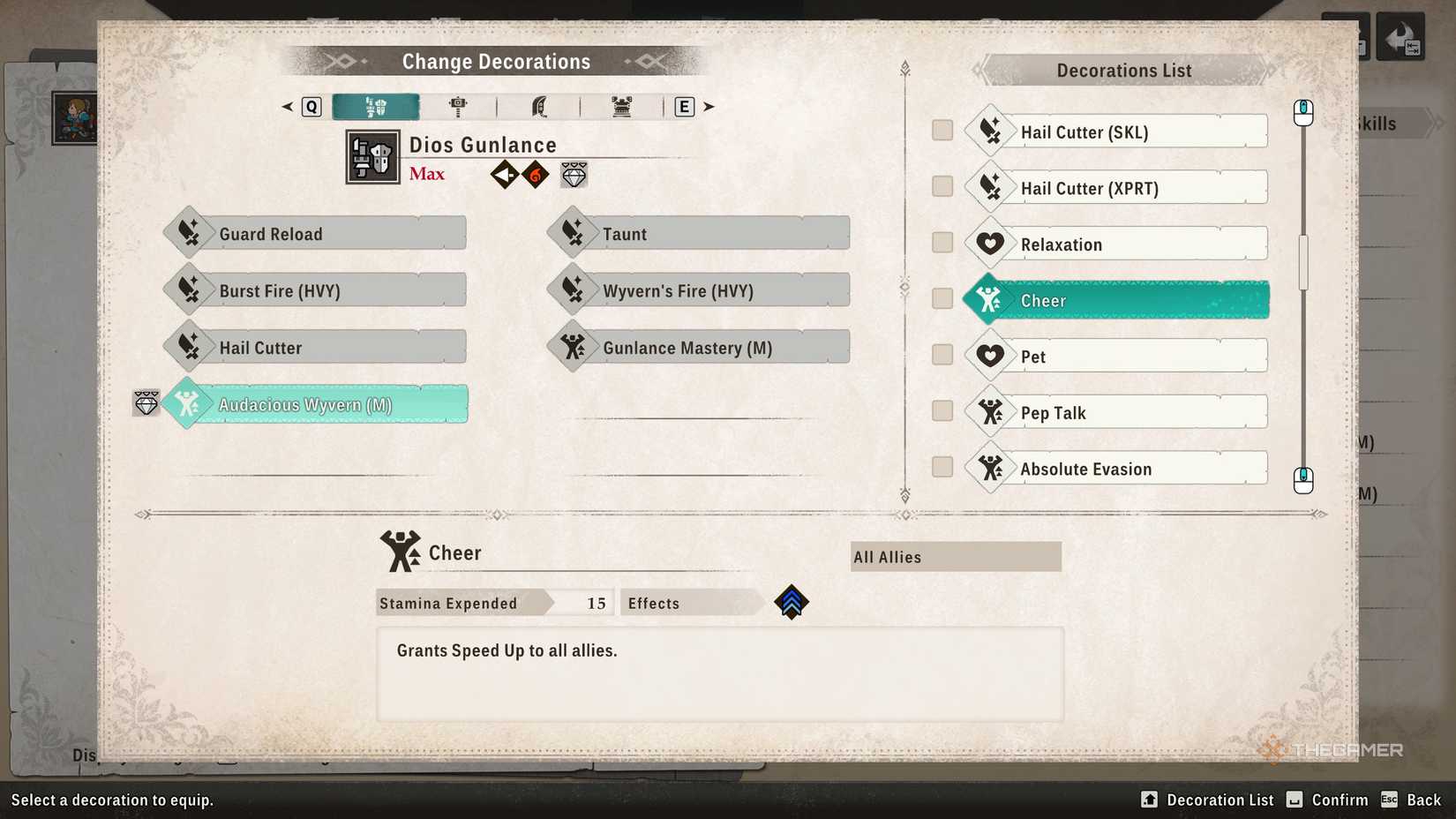 The description of the Cheer decoration in Monster Hunter Stories 3.
