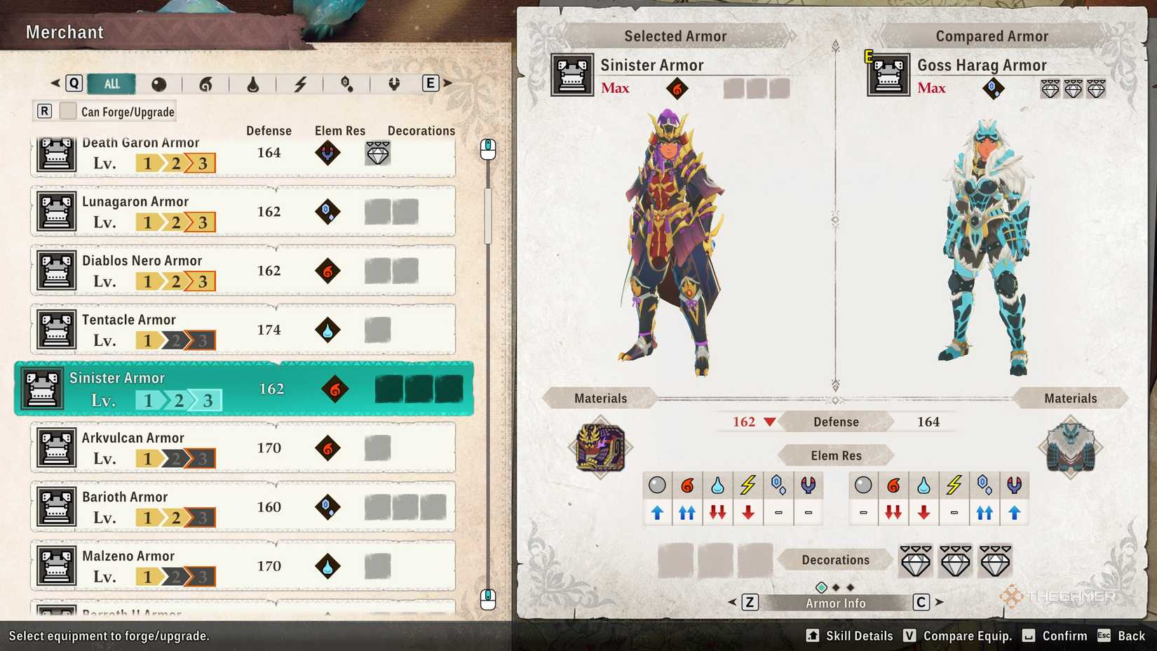 The Sinister armor found in the crafting menu in Monster Hunter Stories 3.