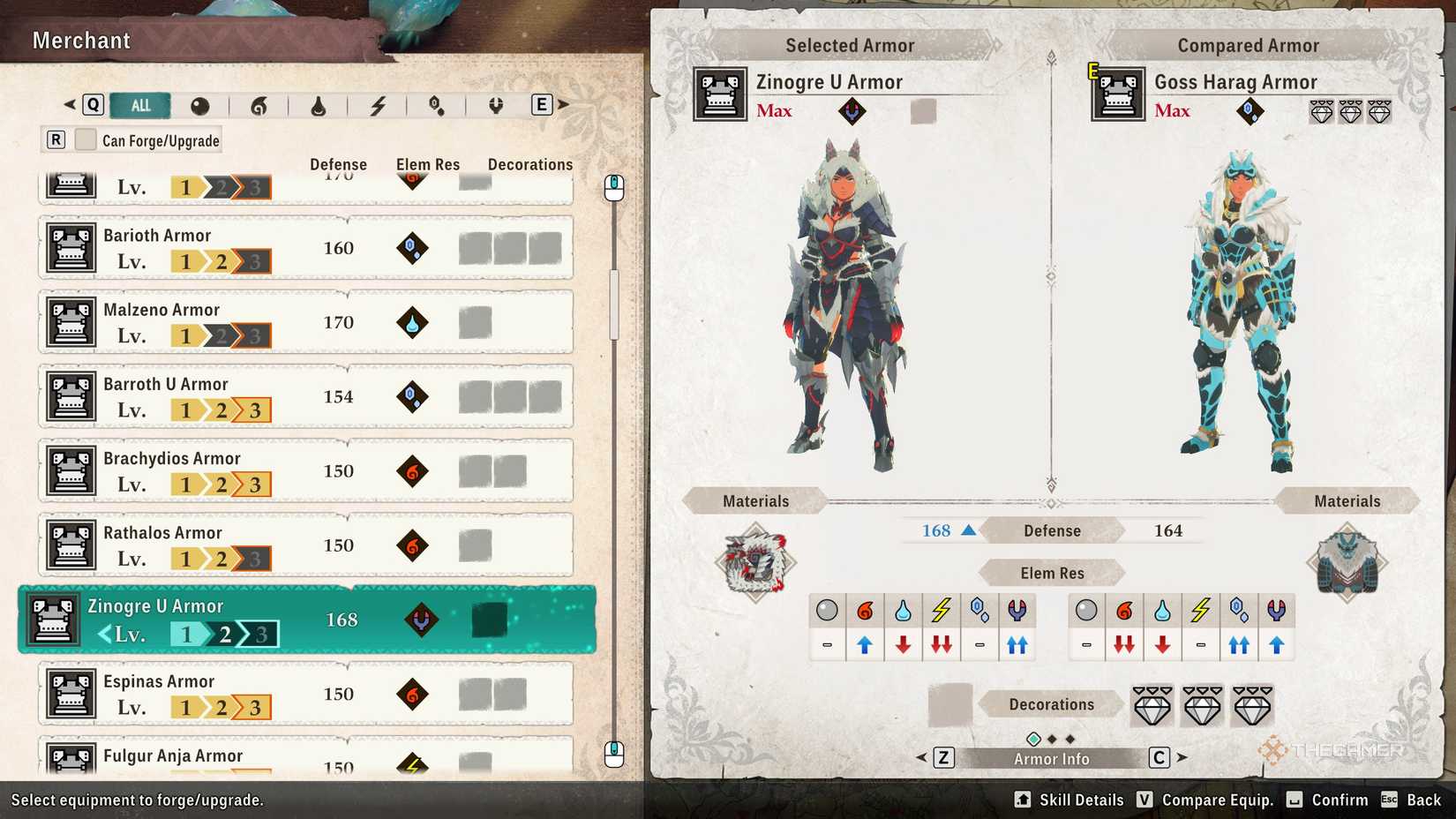 The Zinogre U armor found in the crafting menu in Monster Hunter Stories 3.