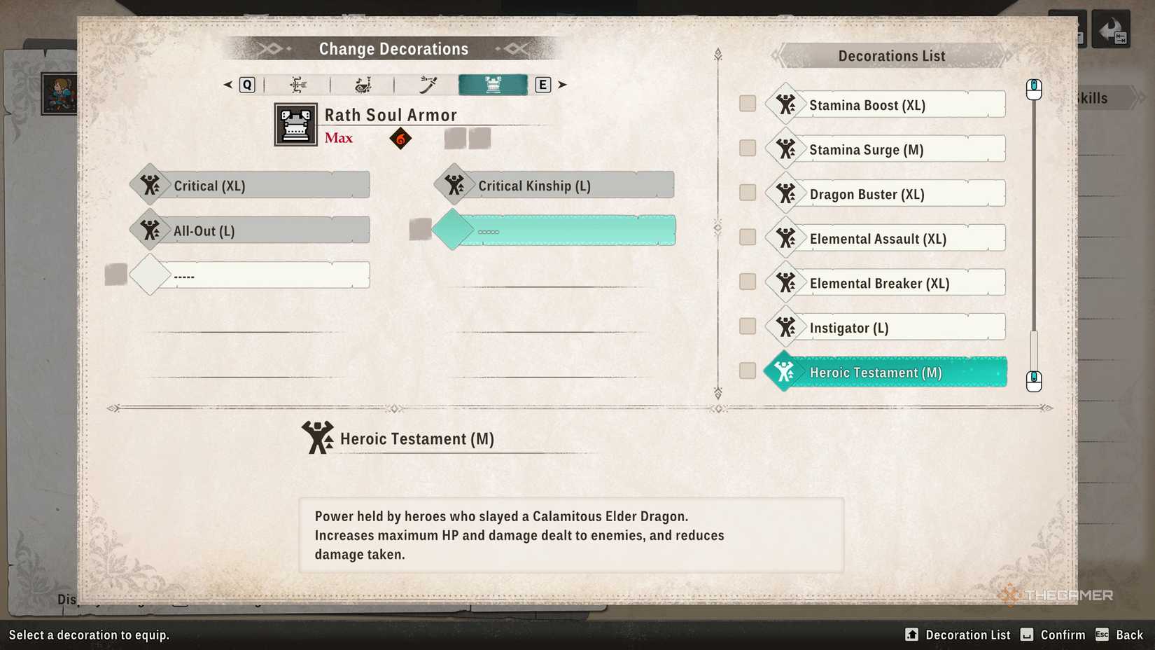 Heroic Testament decoration in the equipment menu in Monster Hunter Stories 3.