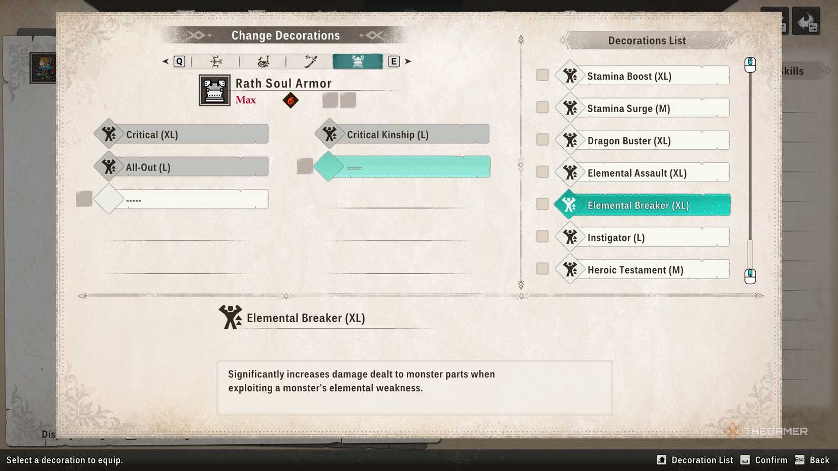 Elemental Breaker Decoration in the equipment menu in Monster Hunter Stories 3.