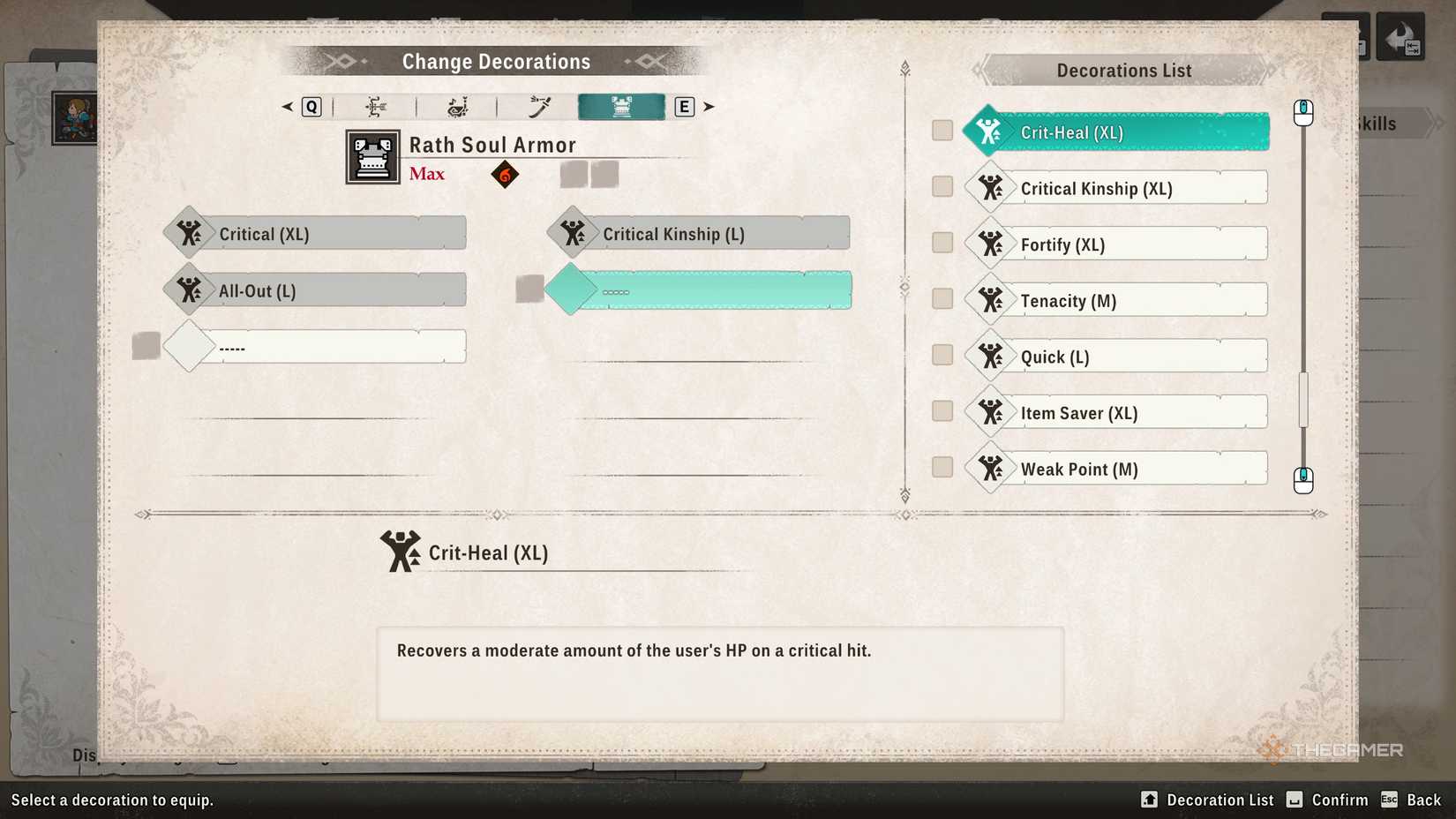 Crit-Heal decoration in the equipment menu in Monster Hunter Stories 3.