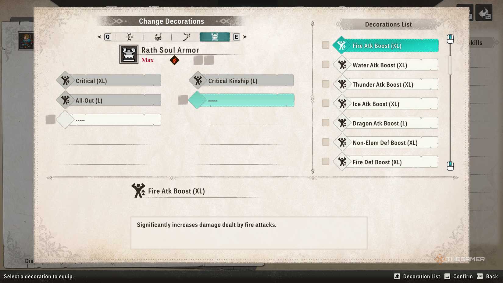 Fire attack boost decoration in the equipment menu in Monster Hunter Stories 3.