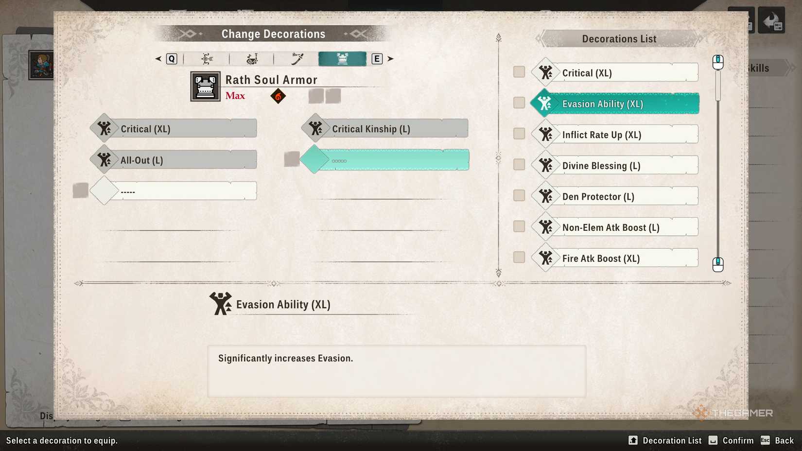 Evasion Ability decoration in the equipment menu in Monster Hunter Stories 3.