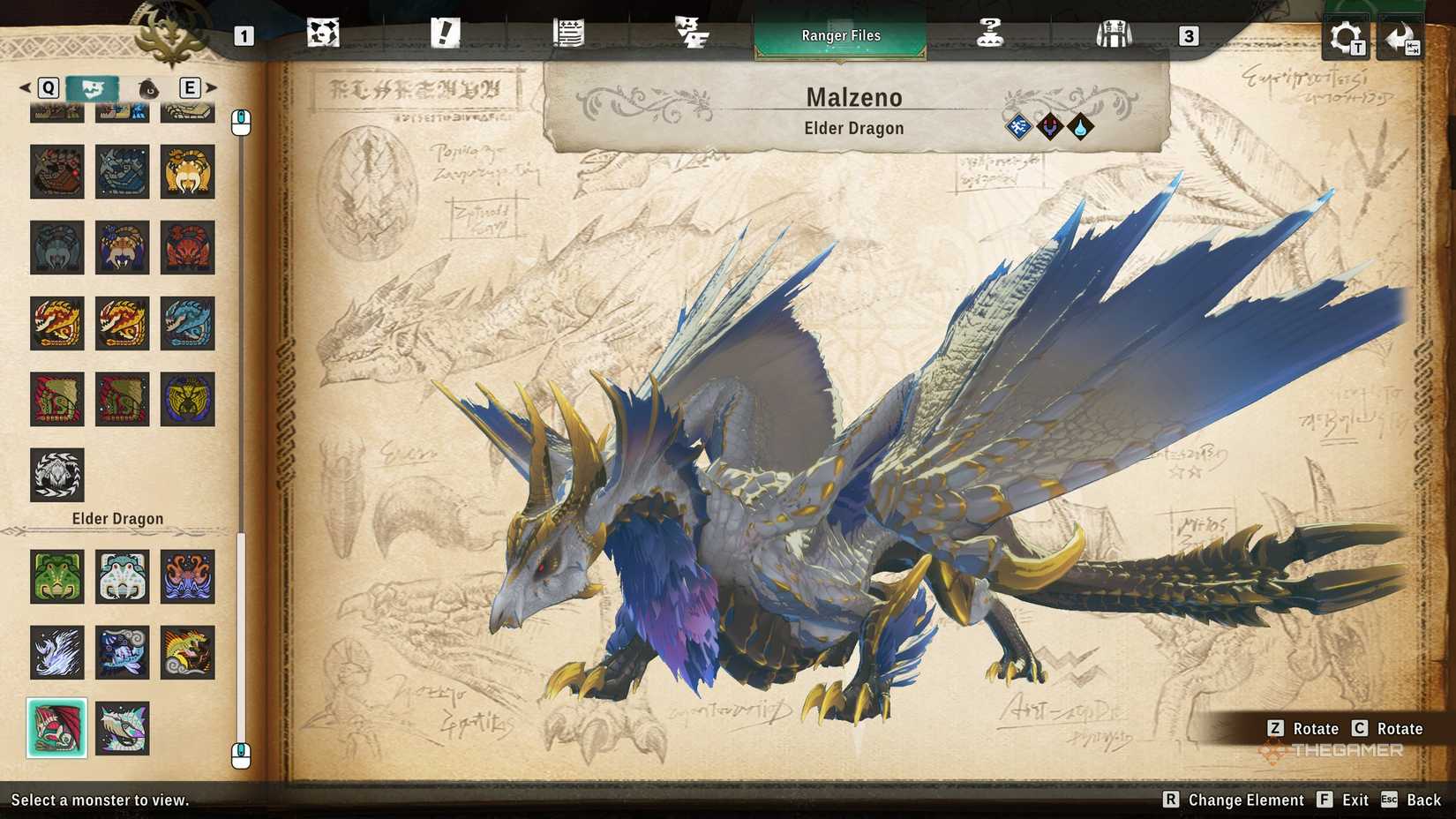 Two elemental Water Malzeno in monsterpedia in monster hunter stories 3.
