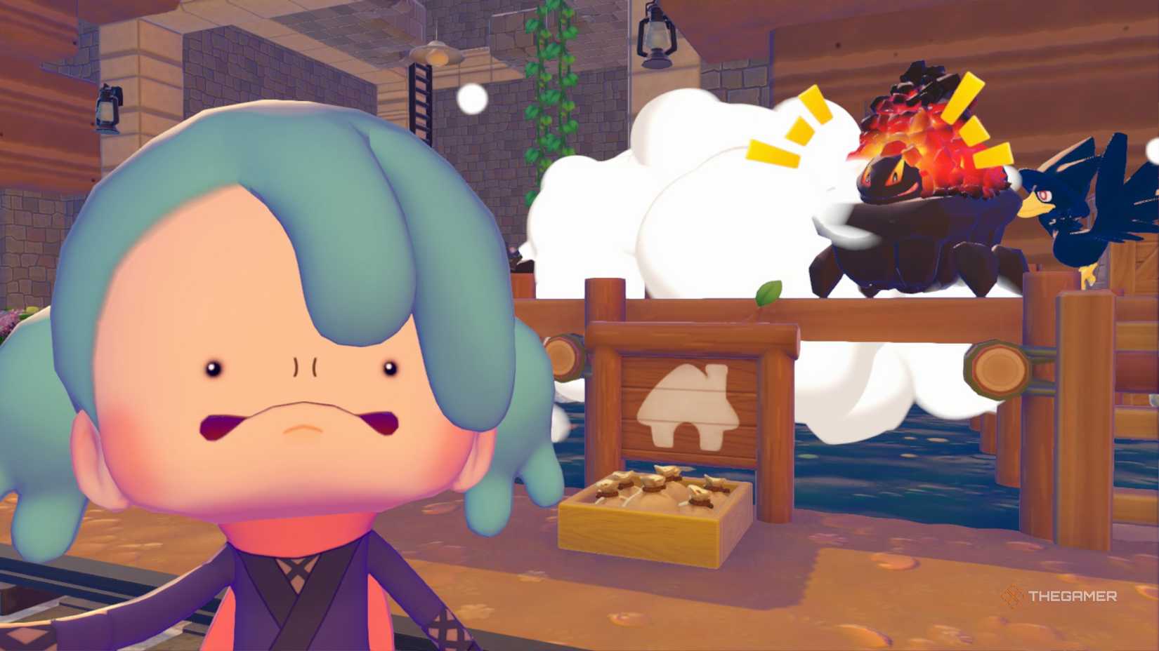 The same player in front of a building under construction in Pokemon Pokopia.