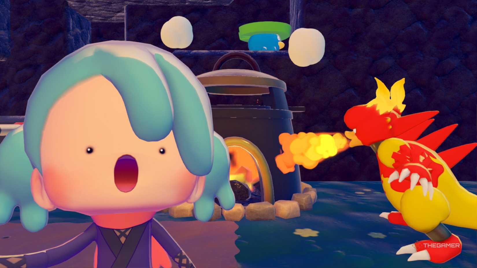 A ditto player while Magmar uses the furnace in the background in Pokemon Pokopia.