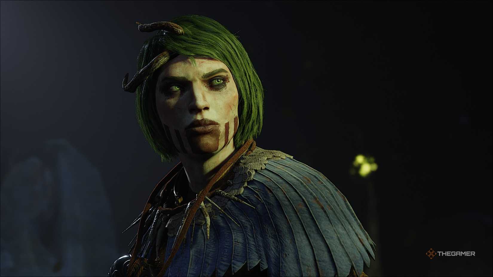 GreedFall Woman with white face paint with dark stripes and dark blotches around her eyes in The Dying World