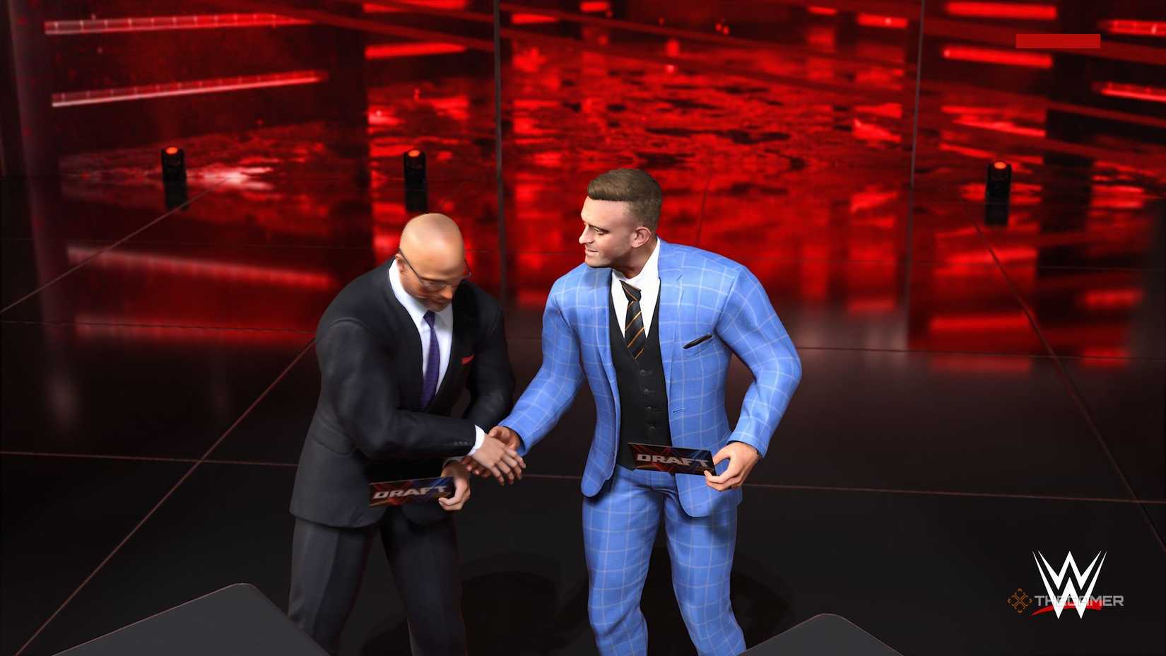 Adam Pearce shaking hands with Nick Aldis in WWE 2K26.