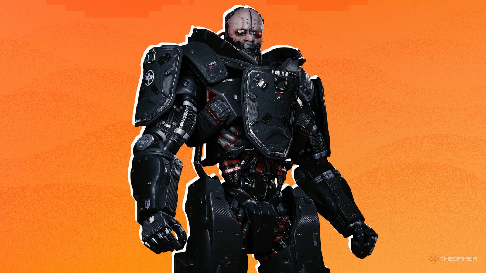 Adam Smasher from Cyberpunk 2077 on an range background.
