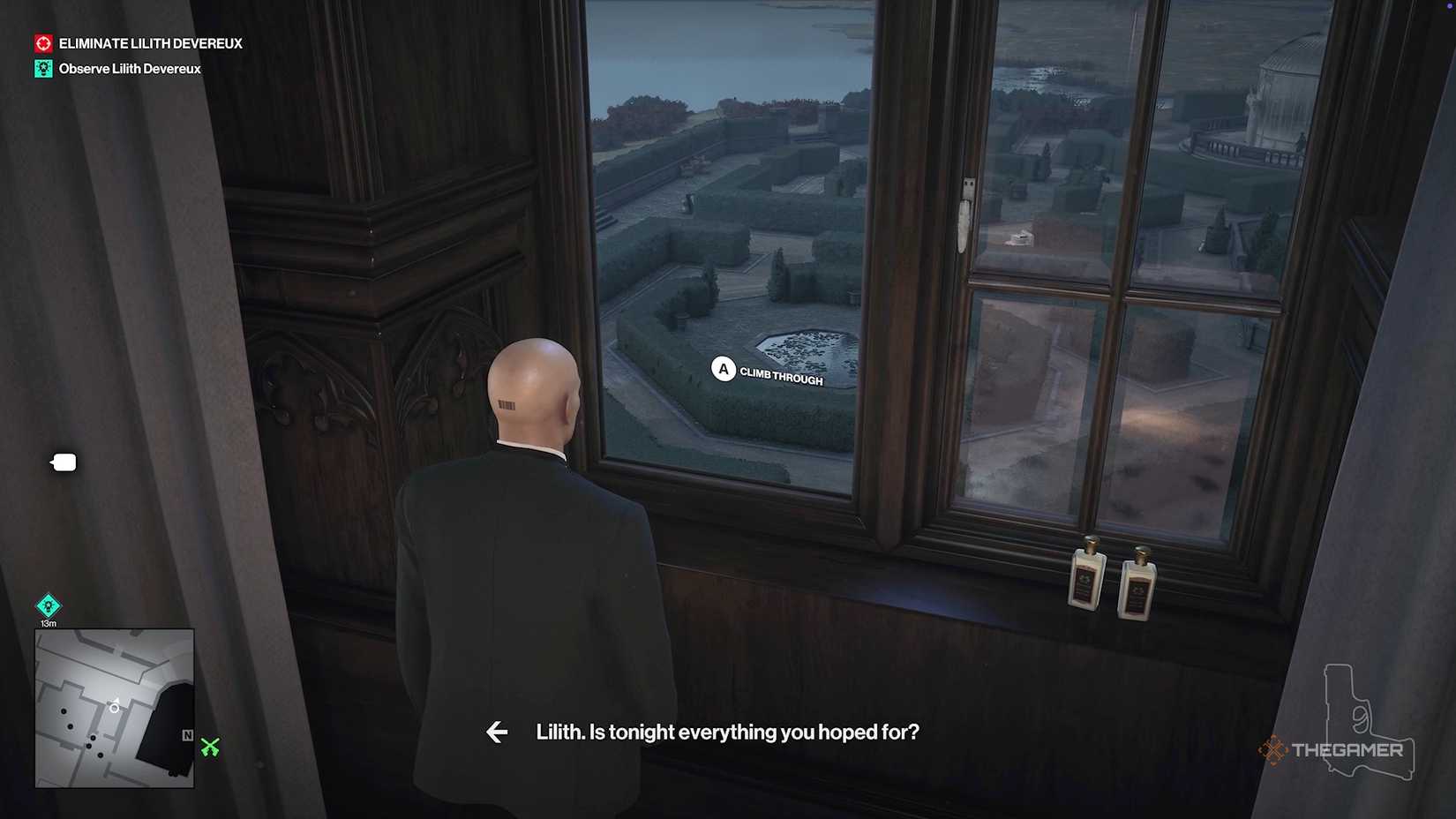 Agent 47 about to climb out of the window in Hitman World of Assassination.