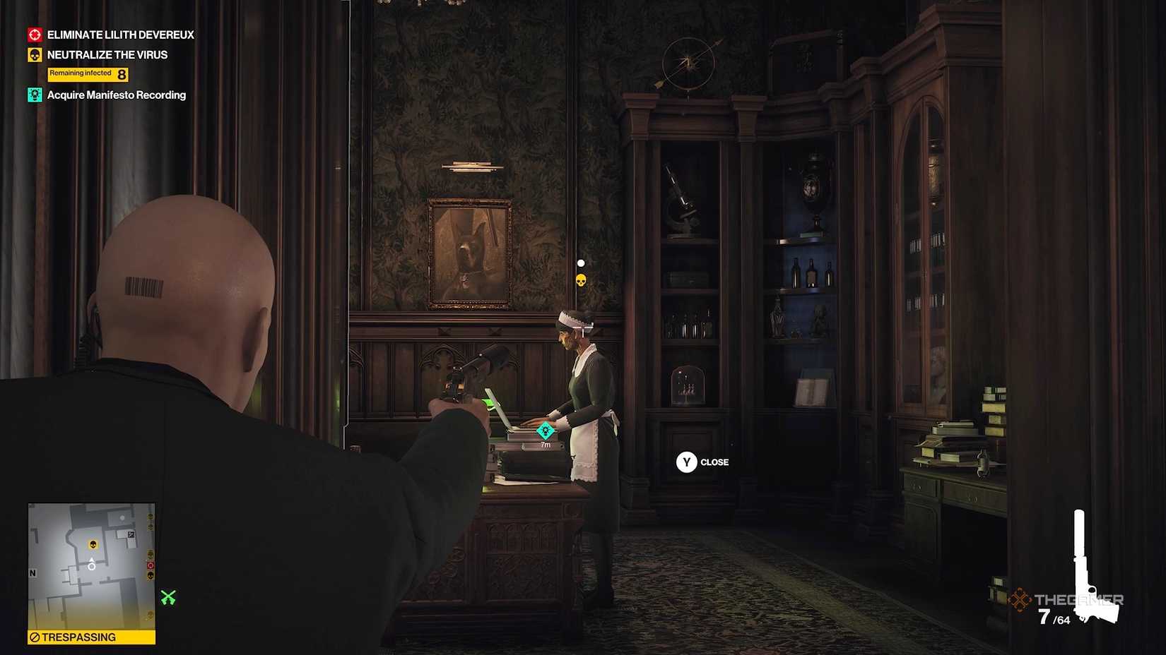 Agent 47 about to shoot an infected maid in Hitman World of Assassination.