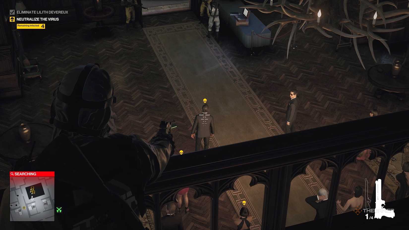 Agent 47 aiming at an infected guest with his cure gun in Hitman World of Assassination.