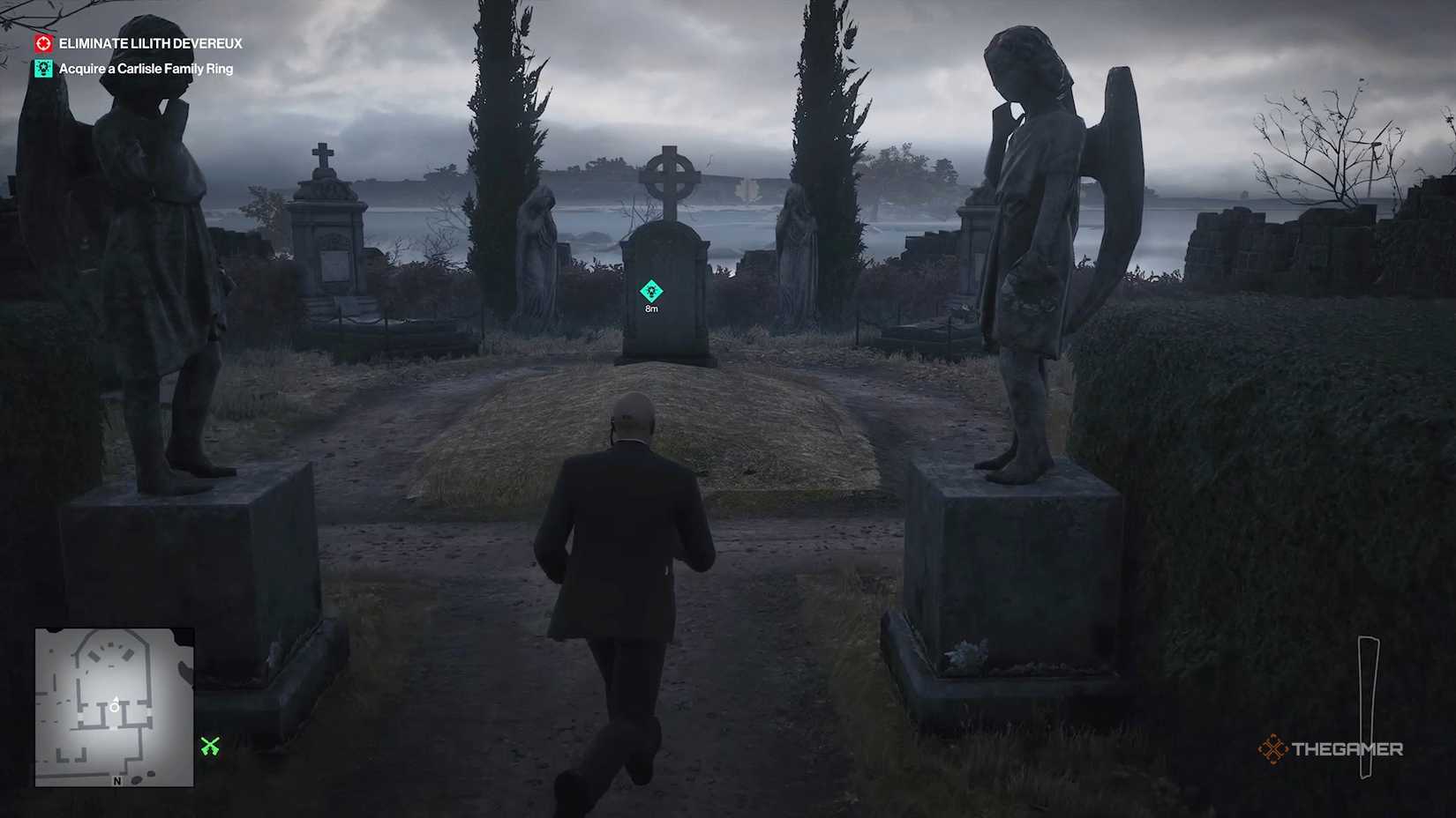 Agent 47 at a grave in Hitman World of Assassination.