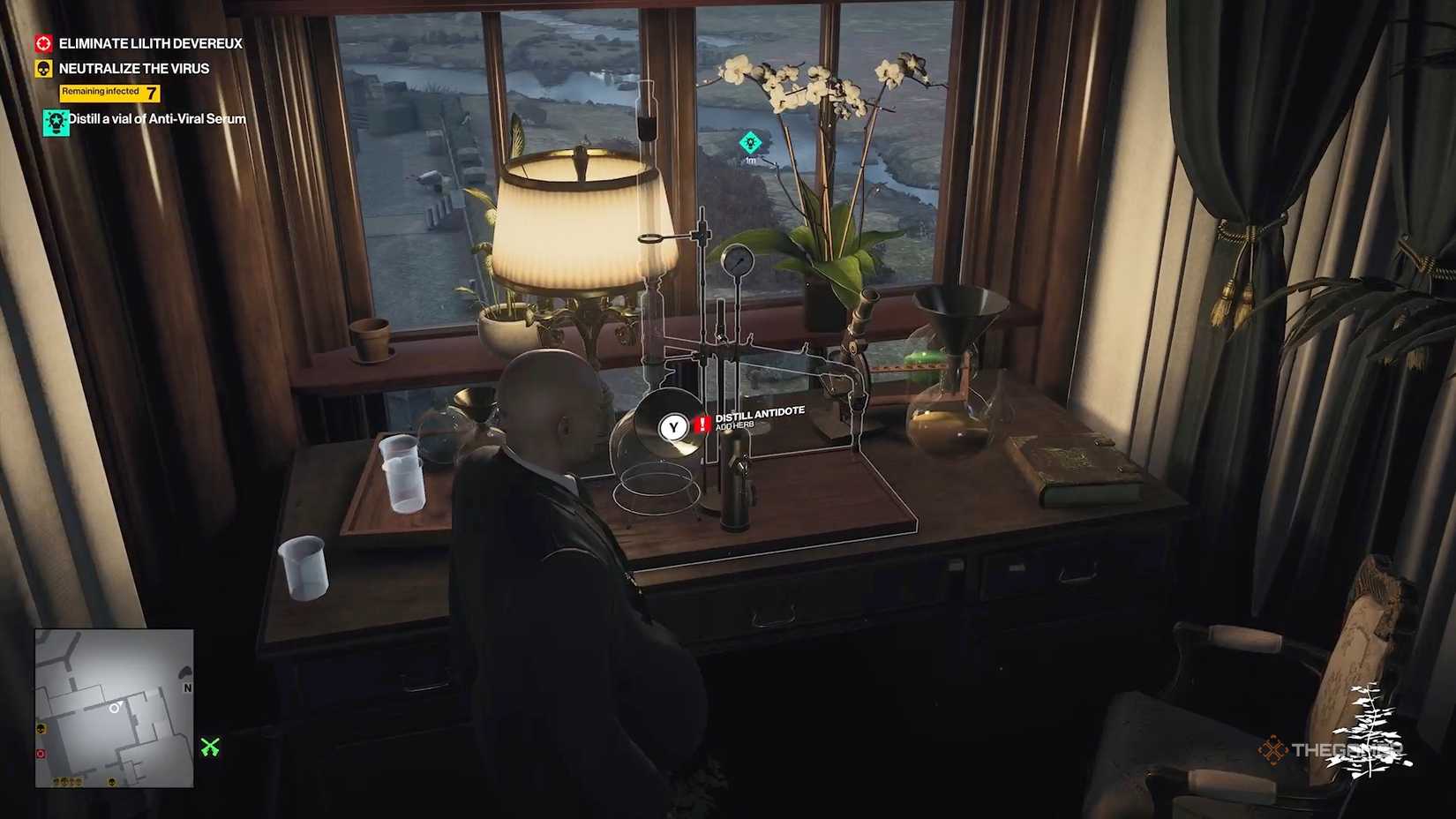 Agent 47 at a science kit in Hitman World of Assassination.