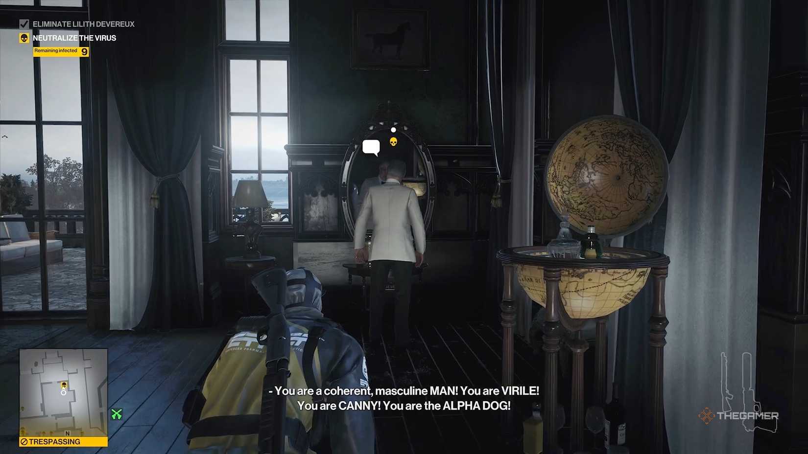 Agent 47 creeping up behind Gregory in Hitman World of Assassination.