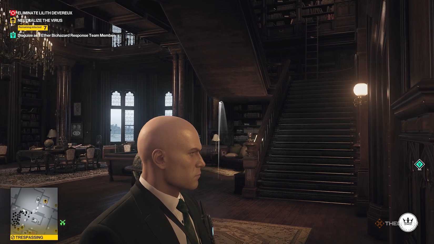 Agent 47 flipping a coin toward some couches in Hitman World of Assassination.