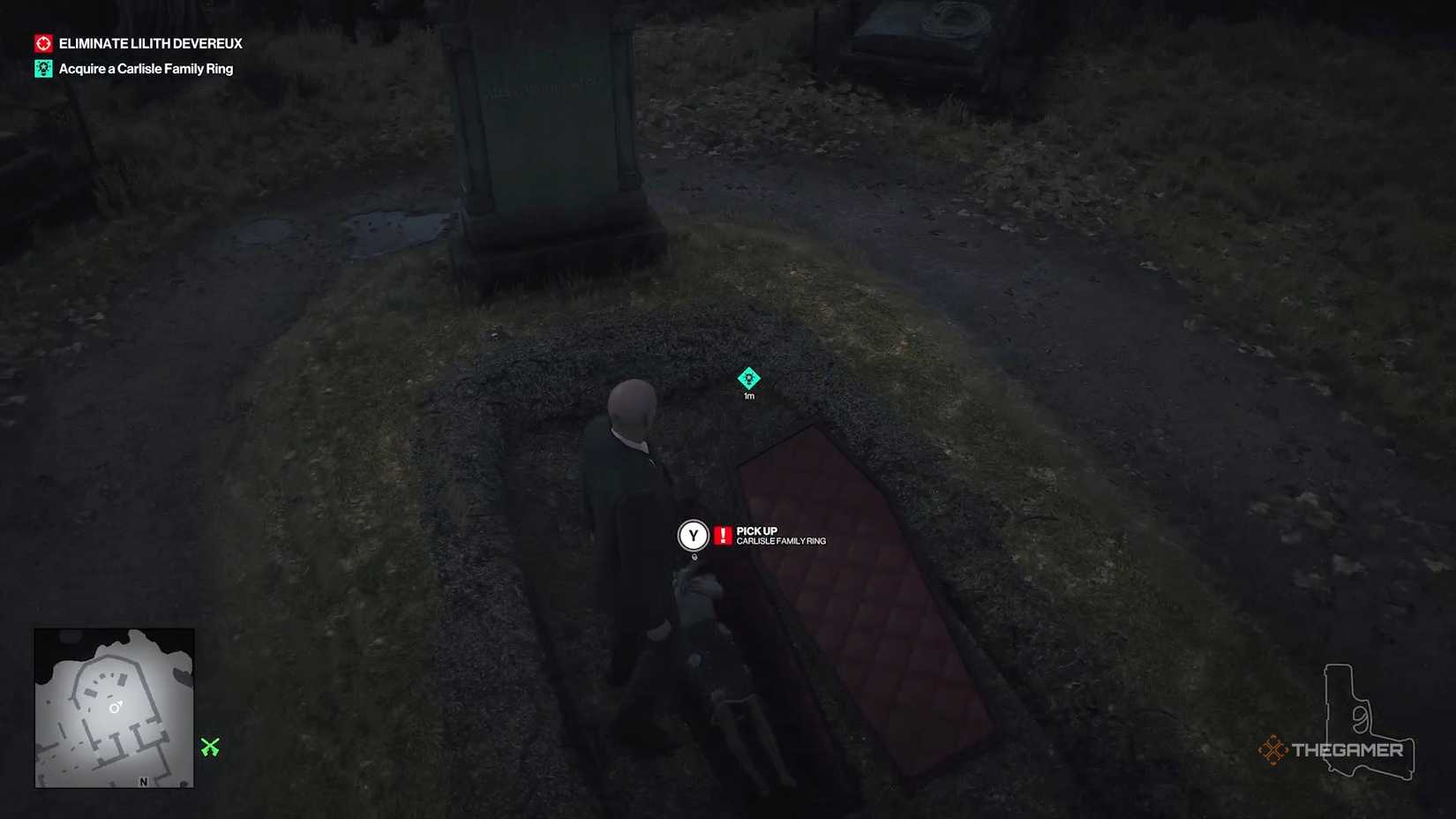Agent 47 grabbing a ring from a coffin in Hitman World of Assassination.