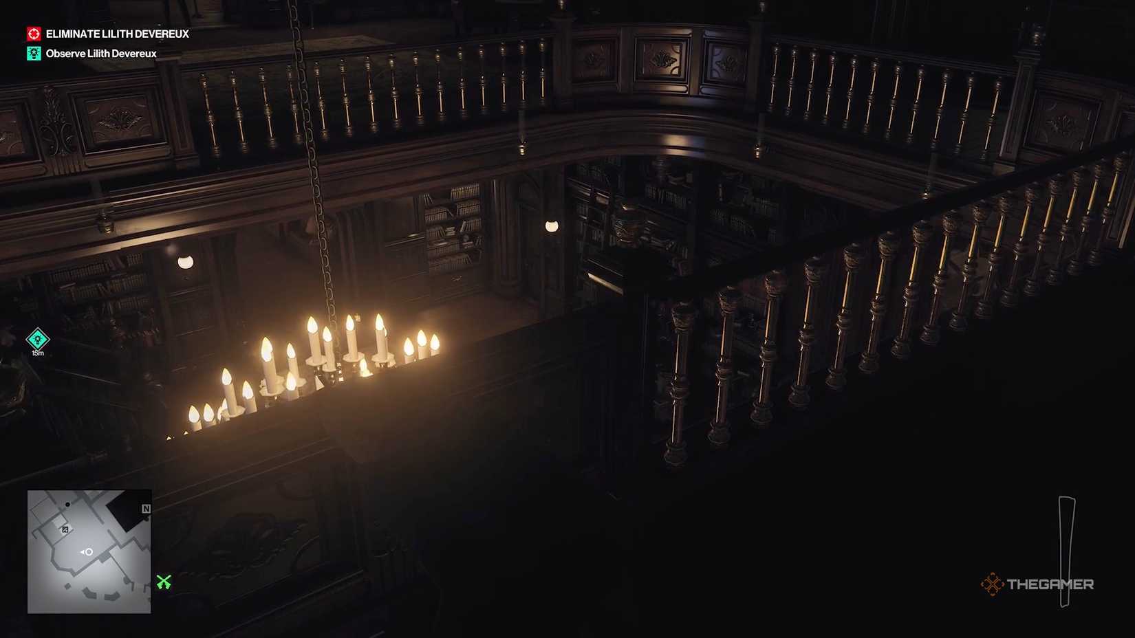 AGent 47 in cover peeking over in the library in Hitman World of Assassination.