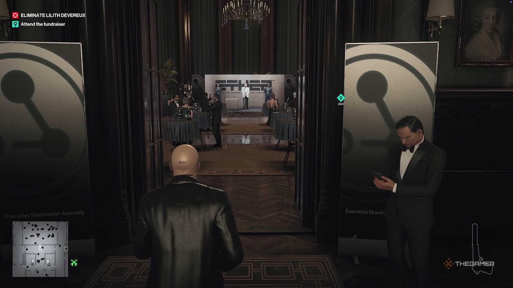 Agent 47 jogging into a fundraiser in Hitman World of Assassination.