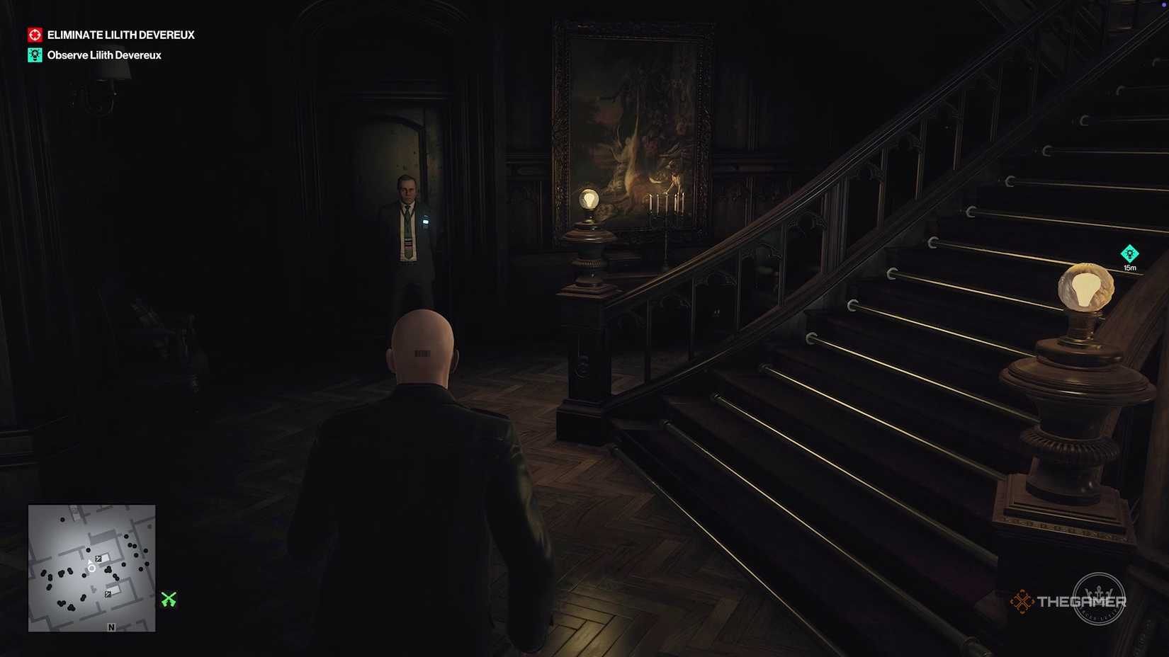 Agent 47 looking at a bodyguard in Hitman World of Assassination.