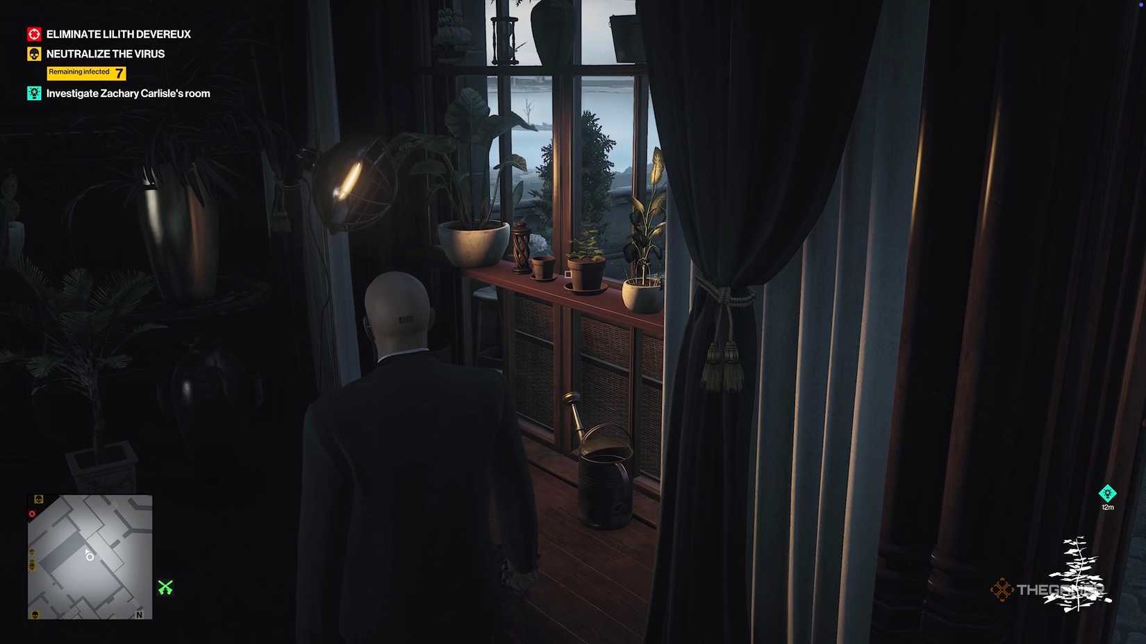 Agent 47 looking at a green  herb in Hitman World of Assassination.