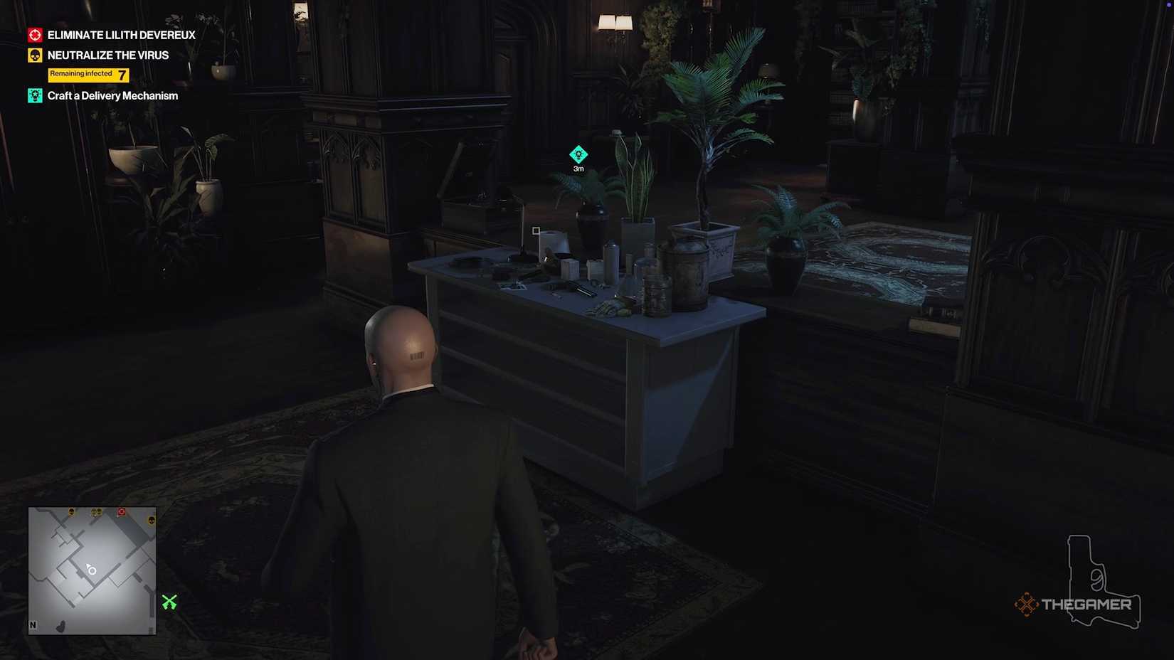 Agent 47 looking at a white desk in Hitman World of Assassination.
