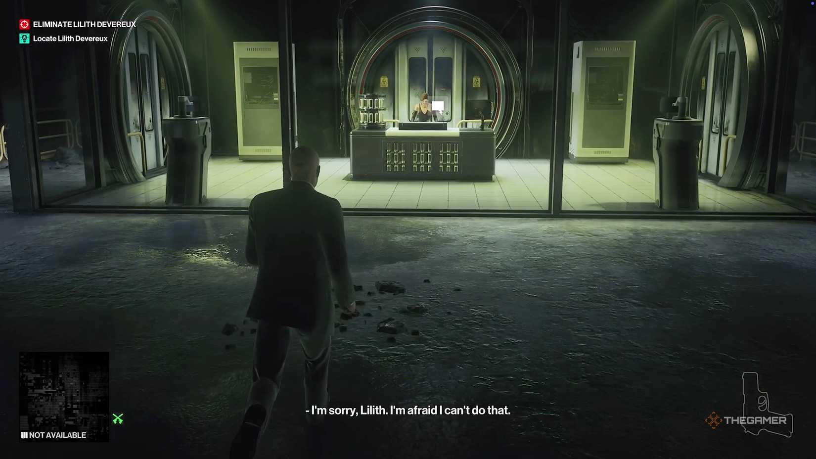 Agent 47 looking at Lilith who is behind glass in Hitman World of Assassination.