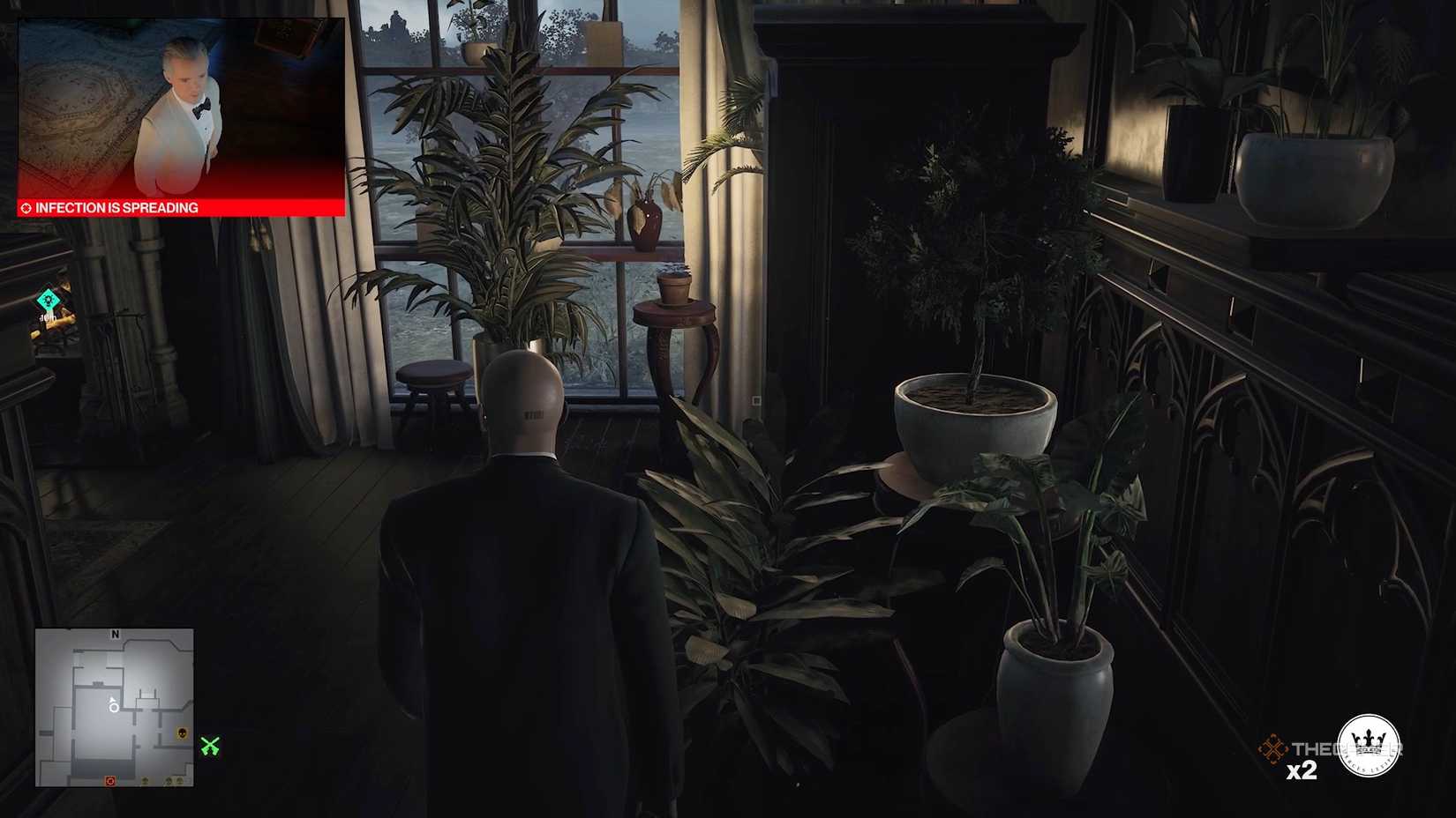 Agent 47 looking toward a blue herb in Hitman World of Assassination.