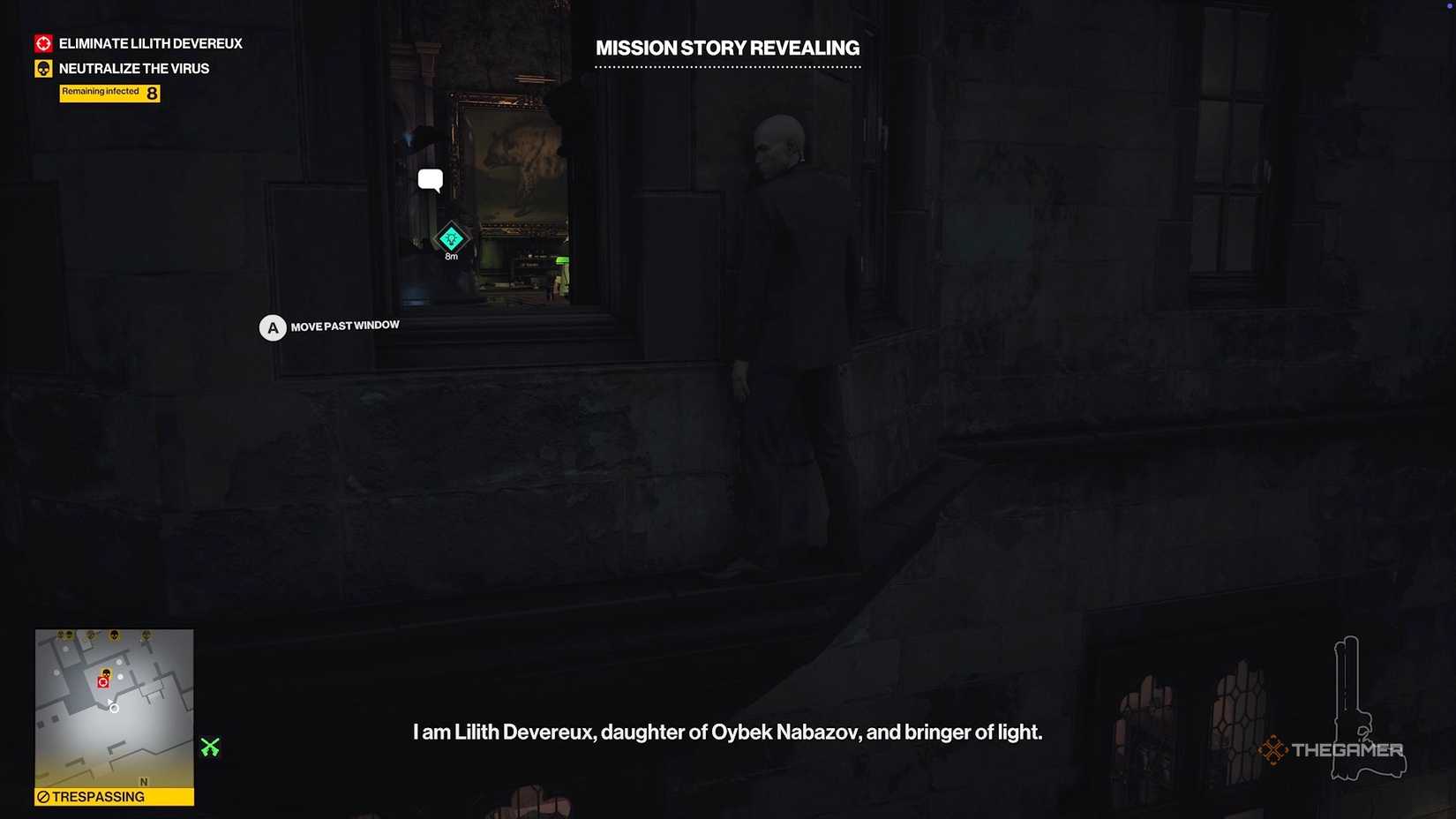 Agent 47 outside of a window listening to a conversation in Hitman World of Assassination.