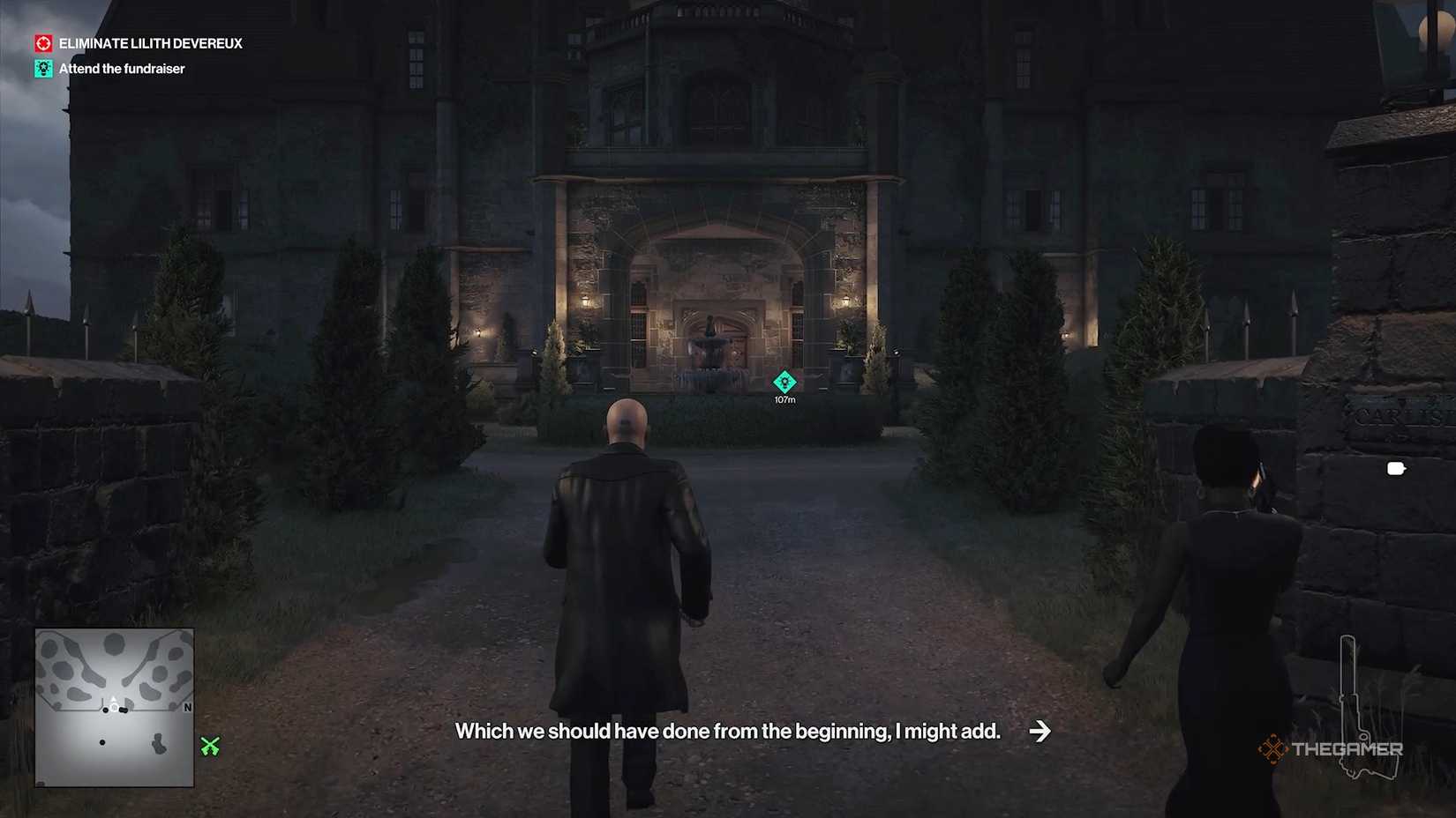 Agent 47 running toward fountain in Hitman World of Assassination.