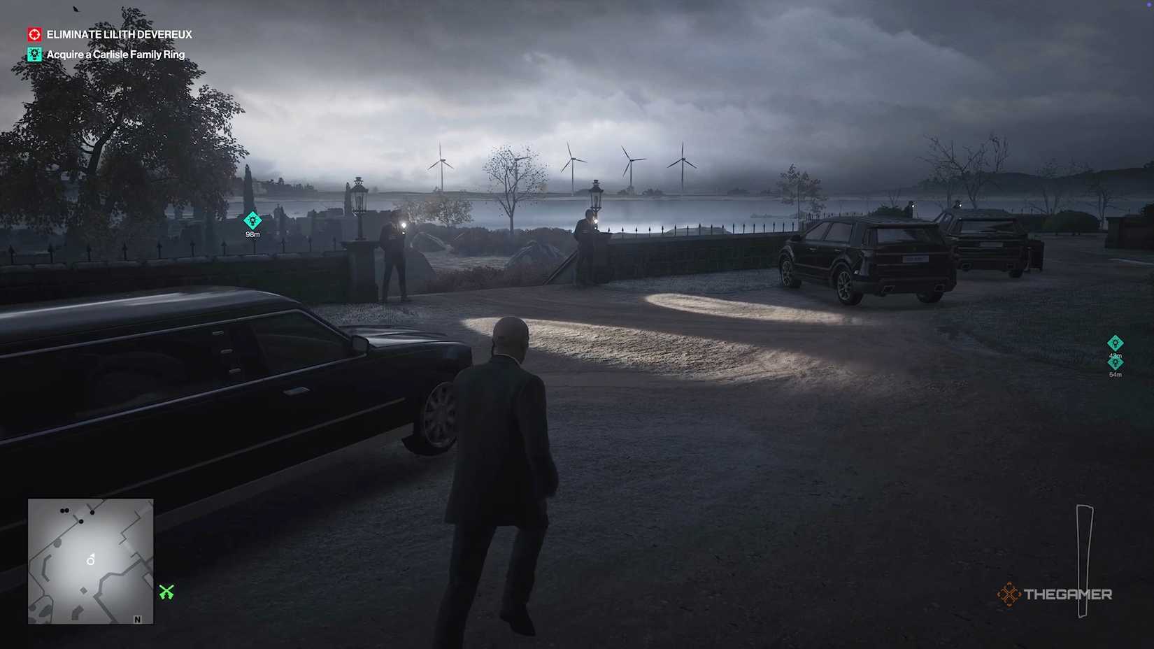 Agent 47 seeing two guards in the car park in Hitman World of Assassination.