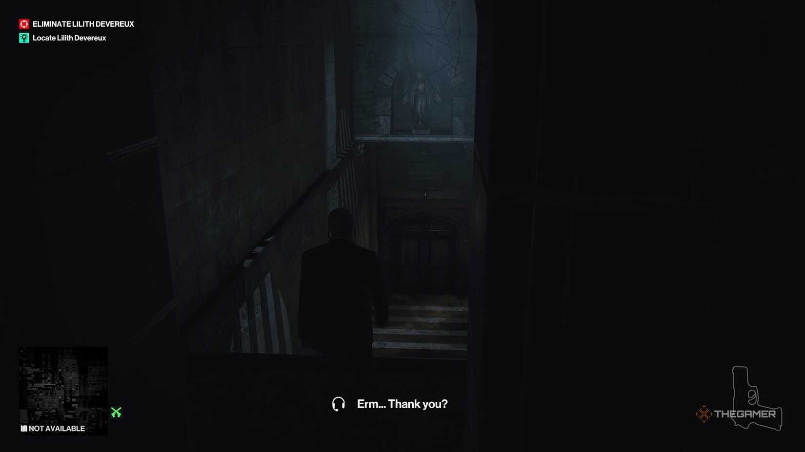 Agent 47 walking down the stairs in Hitman World of Assassination.