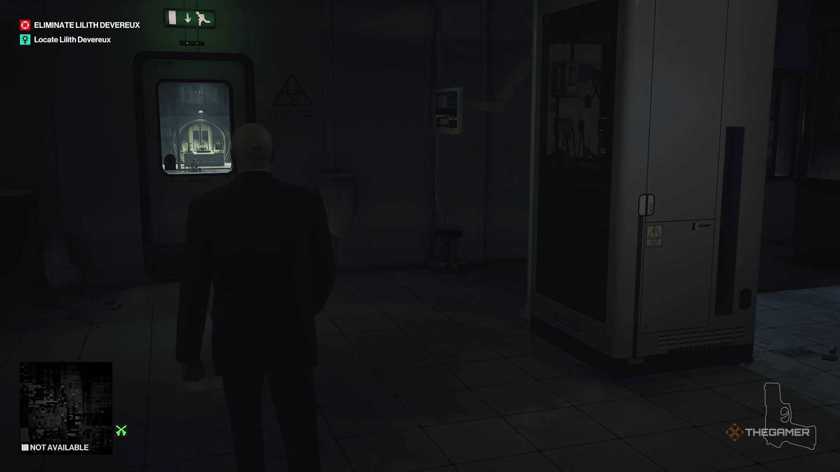 Agent 47 walking toward exit door in Hitman World of Assassination.
