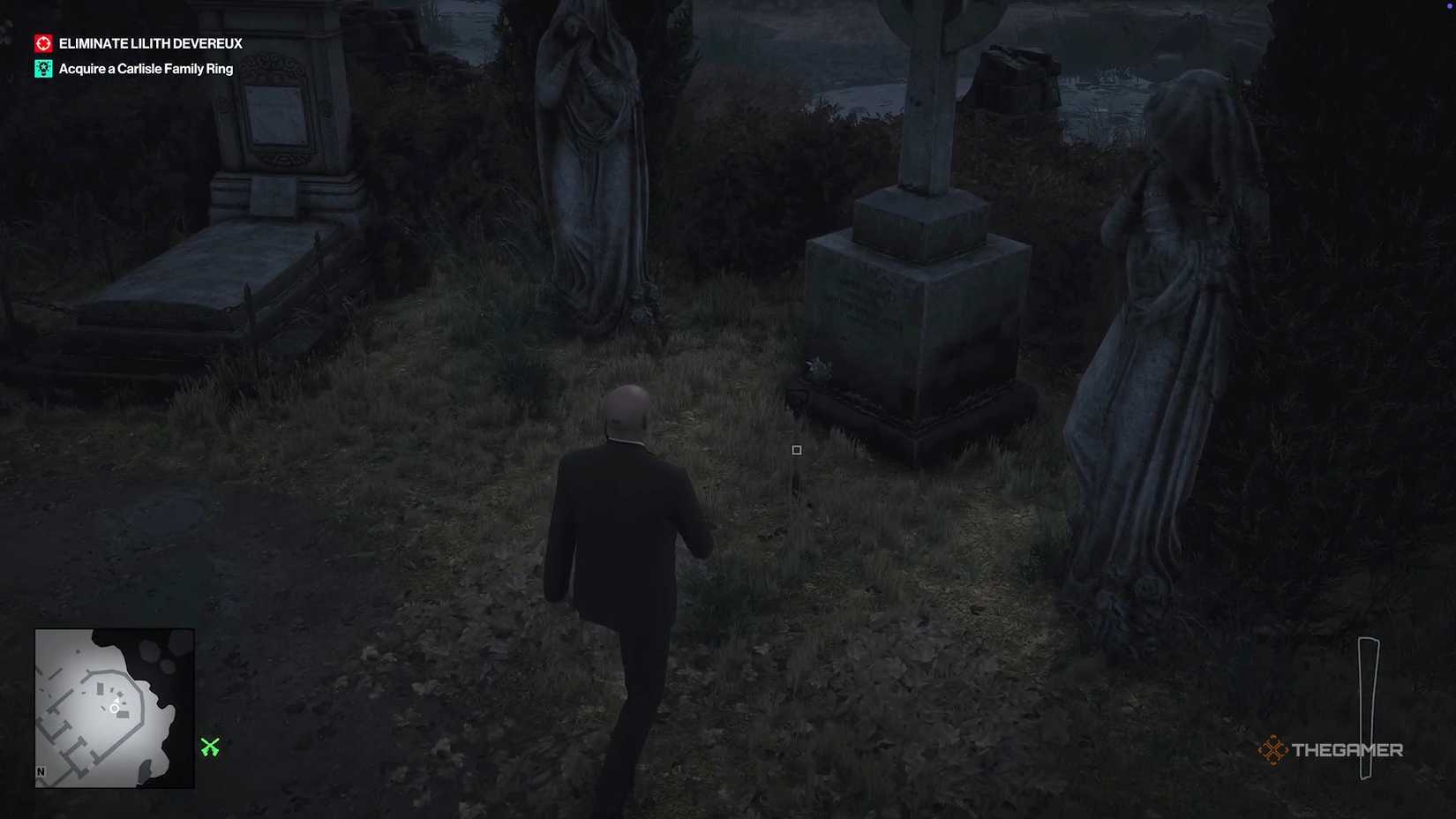 Agent 47 walking toward shovel in Hitman World of Assassination.
