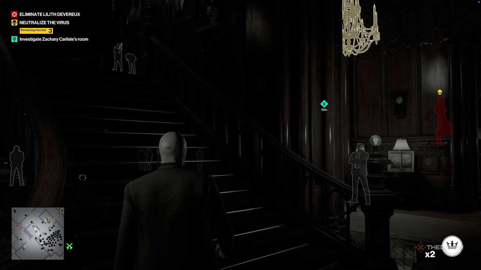 Agent 47 walking up the stairs in Hitman World of Assassination.