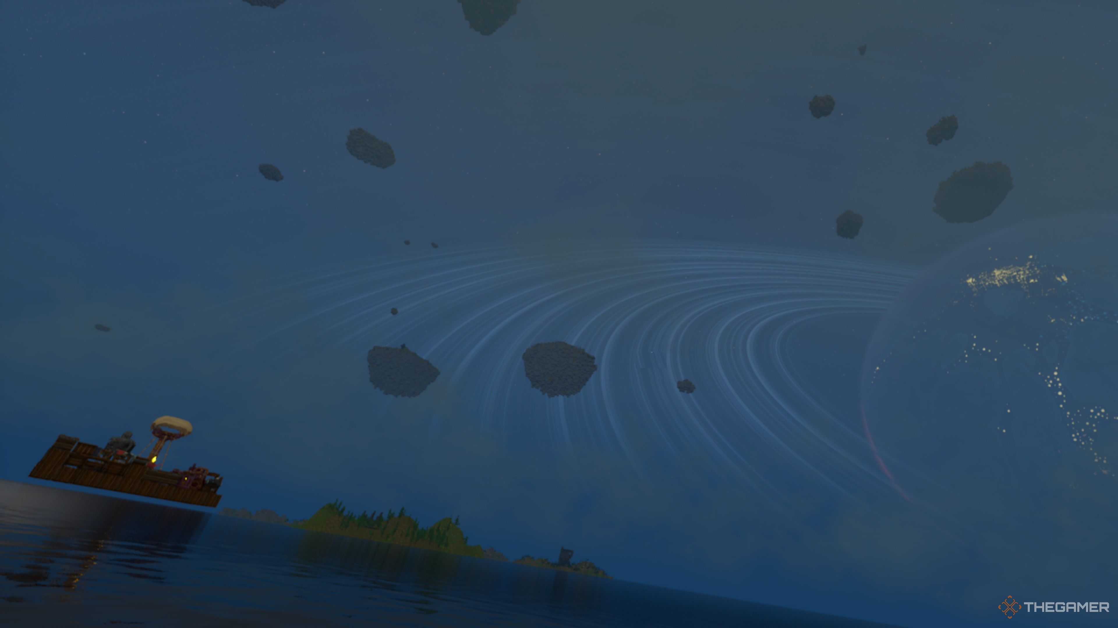 An airship sailing against the galaxy in Everwind.