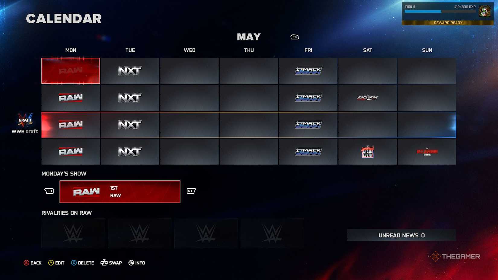 Calendar in Universe Mode in WWE 2K26.