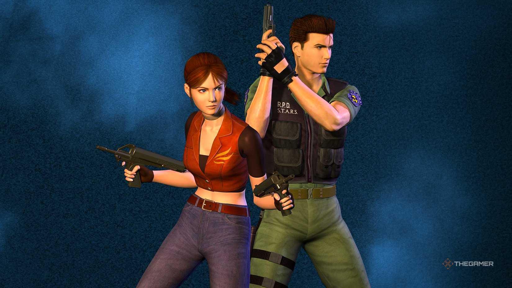 Chris and Claire from Resident Evil Code Veronica on a blue background.