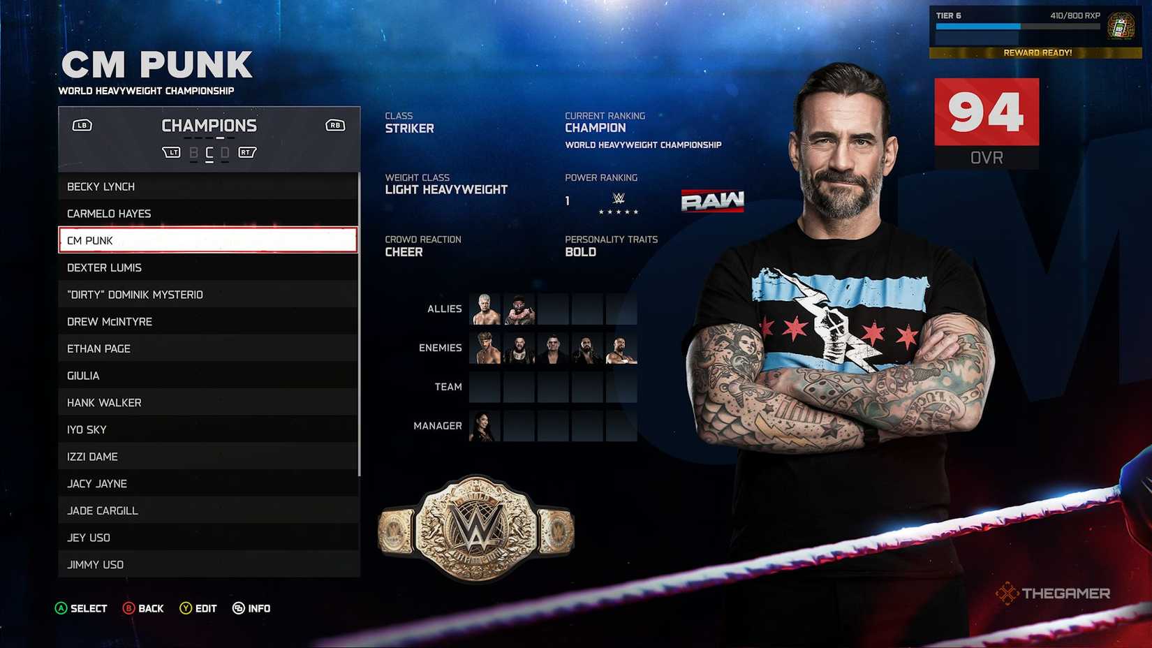 CM Punk on the superstar screen in Universe Mode in WWE 2K26.