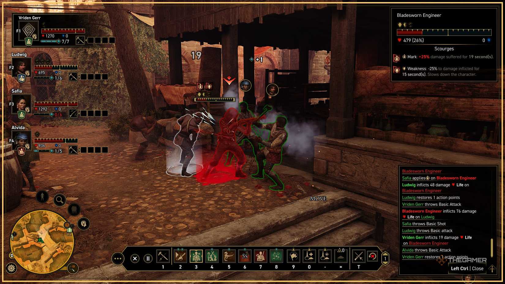 Battle in GreedFall The Dying World. Multiple characters can be seen fighting, with multiple abilities selected on a bar at the bottom of the screen