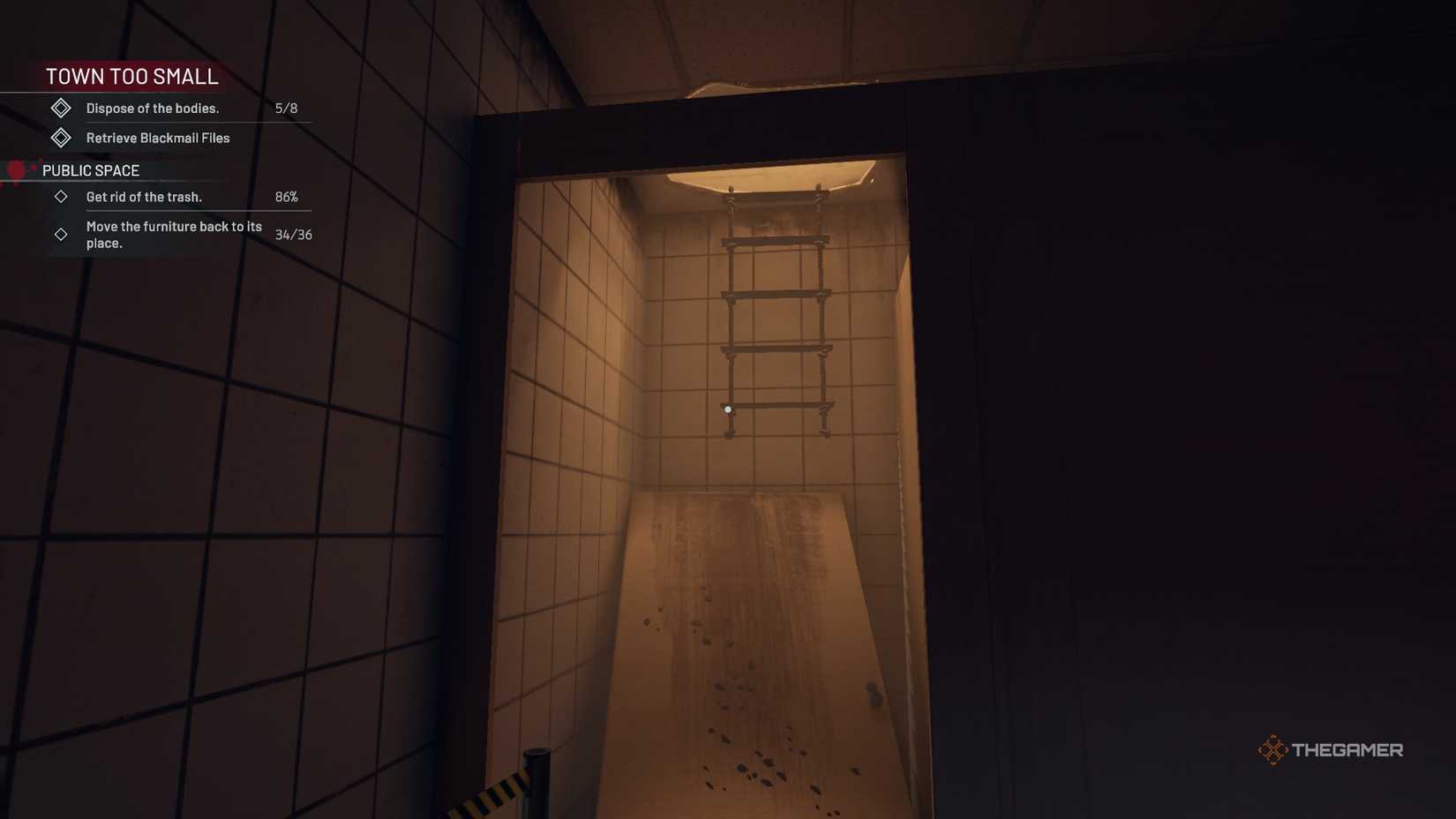 Crime Scene Cleaner access to the ceiling in the toilet stall.